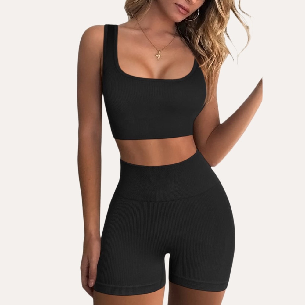 NWT QINSEN Black 2 Pc Seamless Ribbed Yoga Workout Set - Small‎